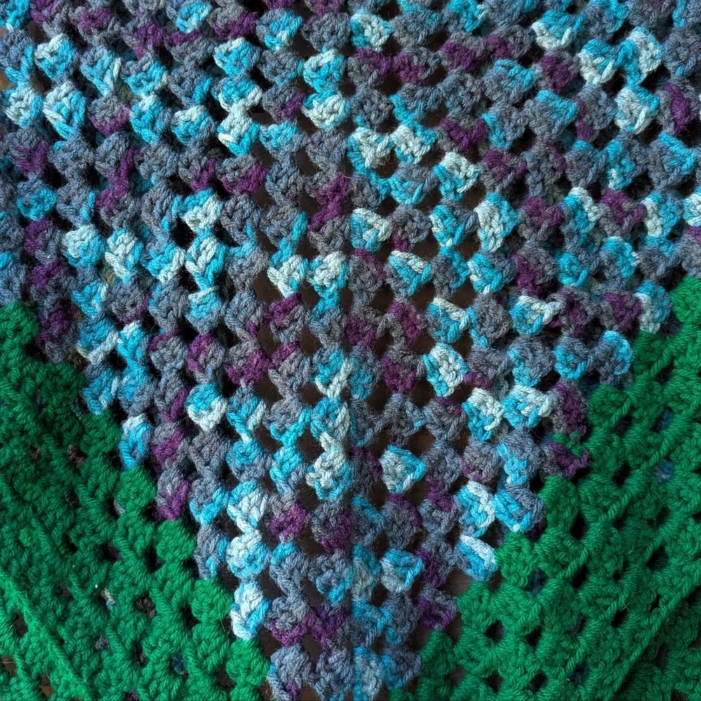 Handmade Colorful Crochet Triangle Shawl Green Aqua Purple Gray